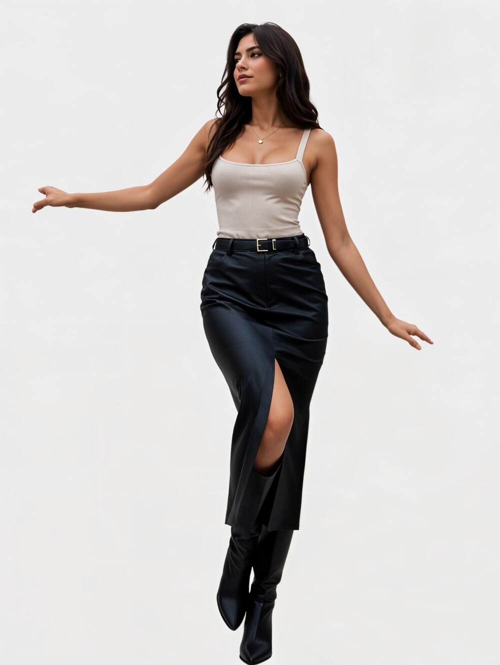NWT Abercrombie & Fitch Sleek Black Faux-Leather Midi Skirt with Front Slit